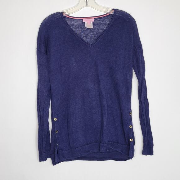 Lilly Pulitzer Liesel Sweater Linen Navy Lightweight Button Sides Women Small - Picture 9 of 13